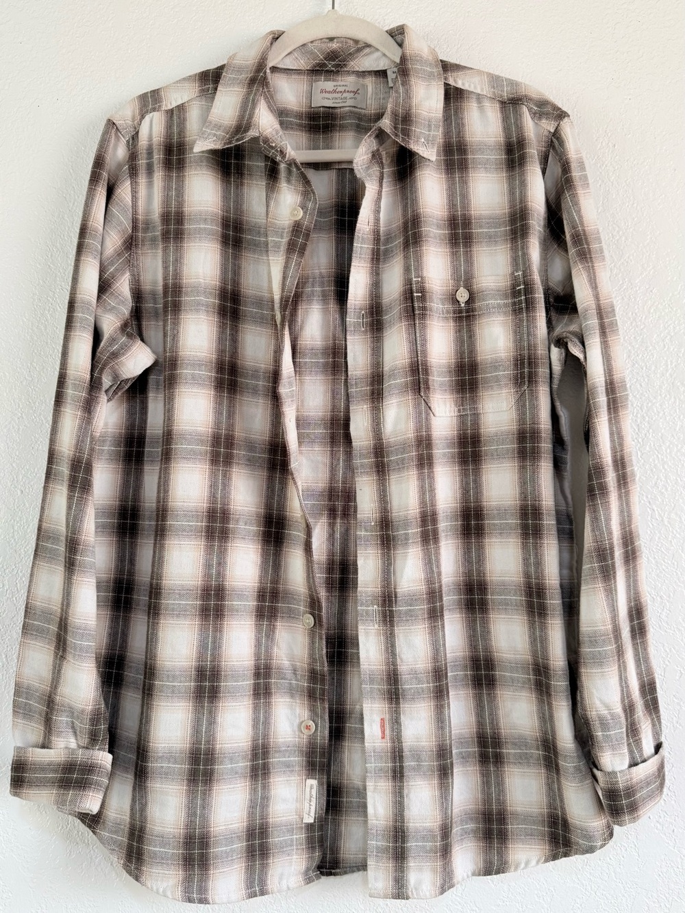 Weatherproof Vintage Mens Flannel Shirt Medium Brown Beige Plaid Long Sleeve